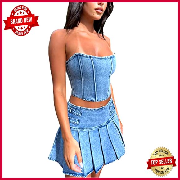 Denim Skirt Set with Pleated Ruffle Hem and Corset Tube Top - Picture 3 of 7